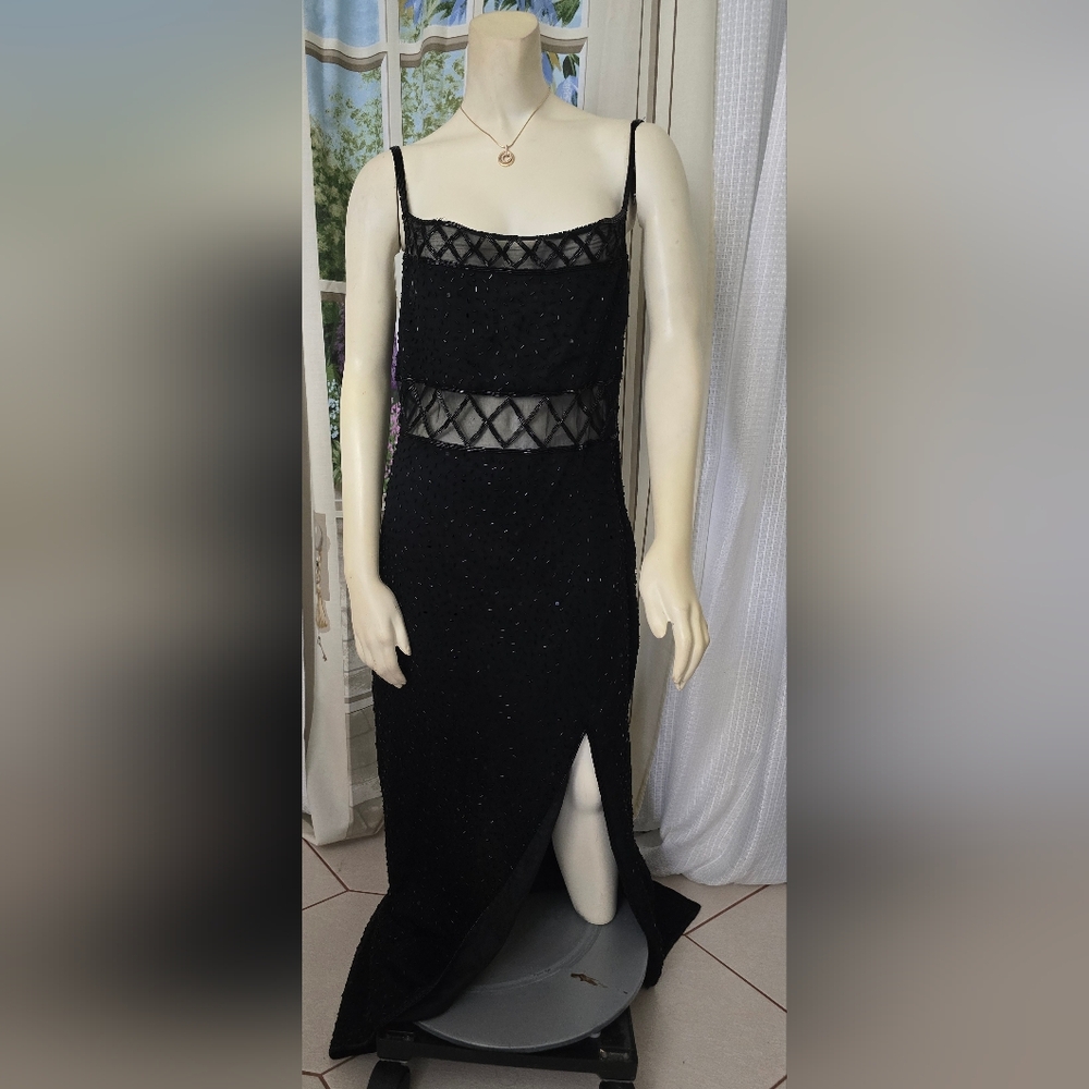 Scala Sz M Long Silk Black Beaded Sequence Formal Dress Satin Lined Y2K India